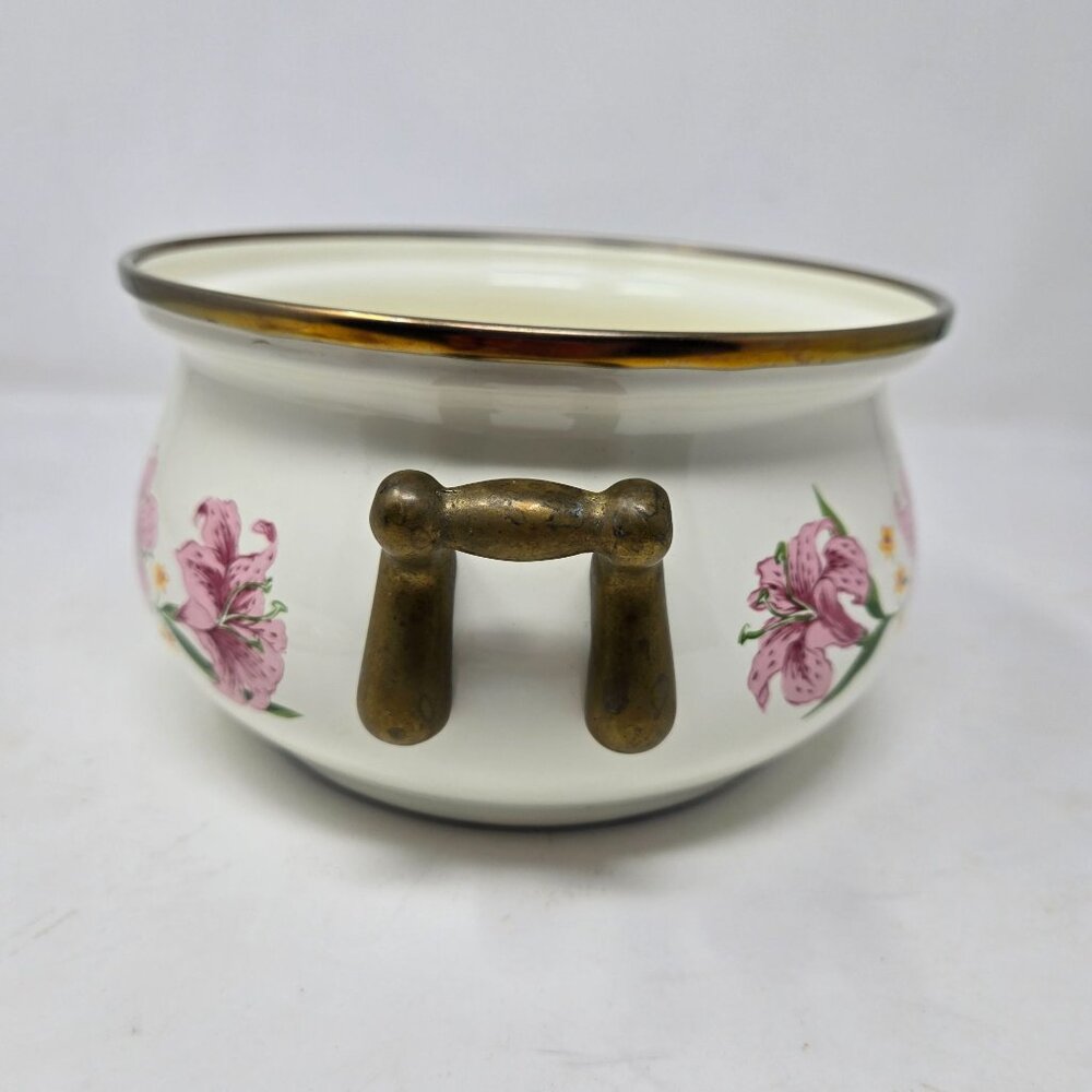 Normandy‎ Taiwan Vintage Lily Floral Enamelware Soup Tureen Pot With Lid & Brass - Picture 7 of 10